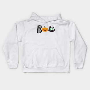 Funny halloween boo with cat head and pumpkin Kids Hoodie